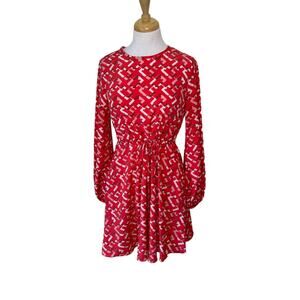 Pomander Place Long Sleeve Geometric Patterned Tie Waist Dress Pink Red Small